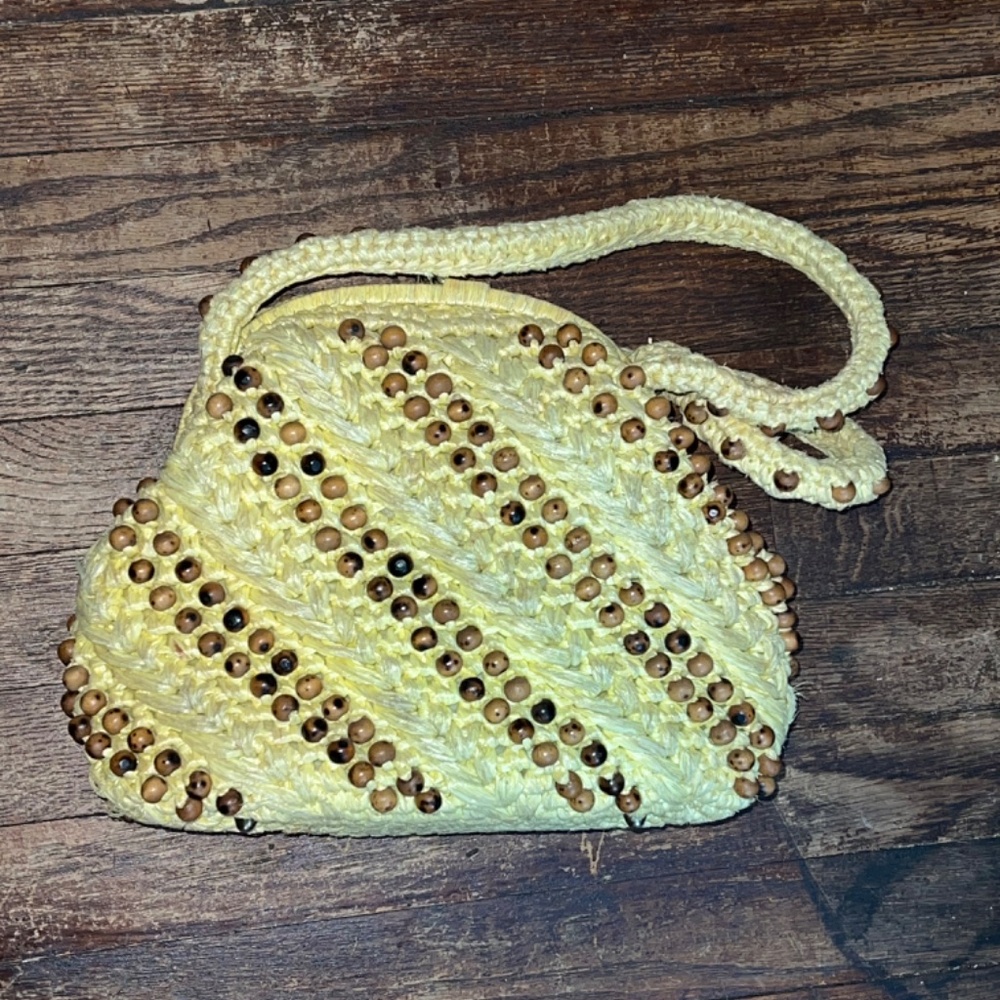 1950s Vintage Yellow Raffia purse with brown wooden beads - Picture 3 of 7